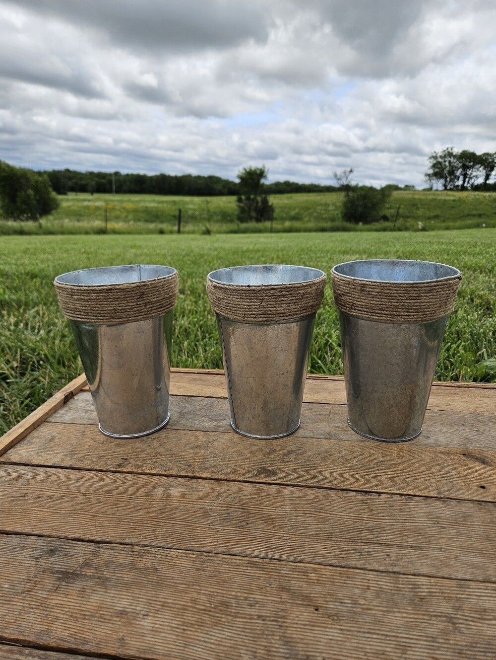 Set of 3 Rustic Galvanized Metal Planters – Farmhouse Decor Vases w/ Jute Rope